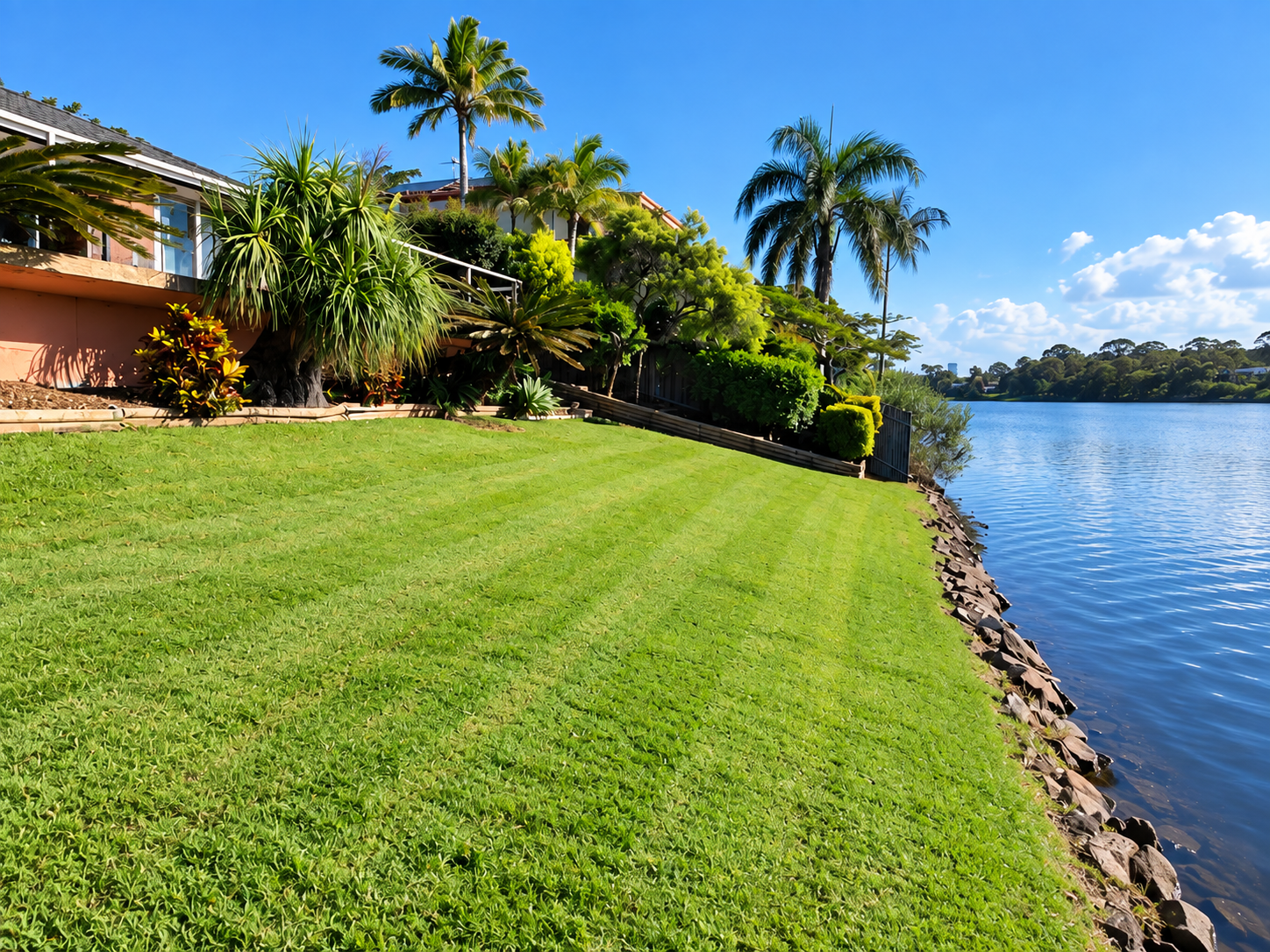 Freshly mowed waterfront lawn on the Southern Gold Coast